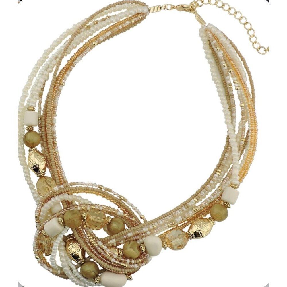 Bocar Aquamarine Seed Beads Antique Gold Multilayer Women's Statement Necklace